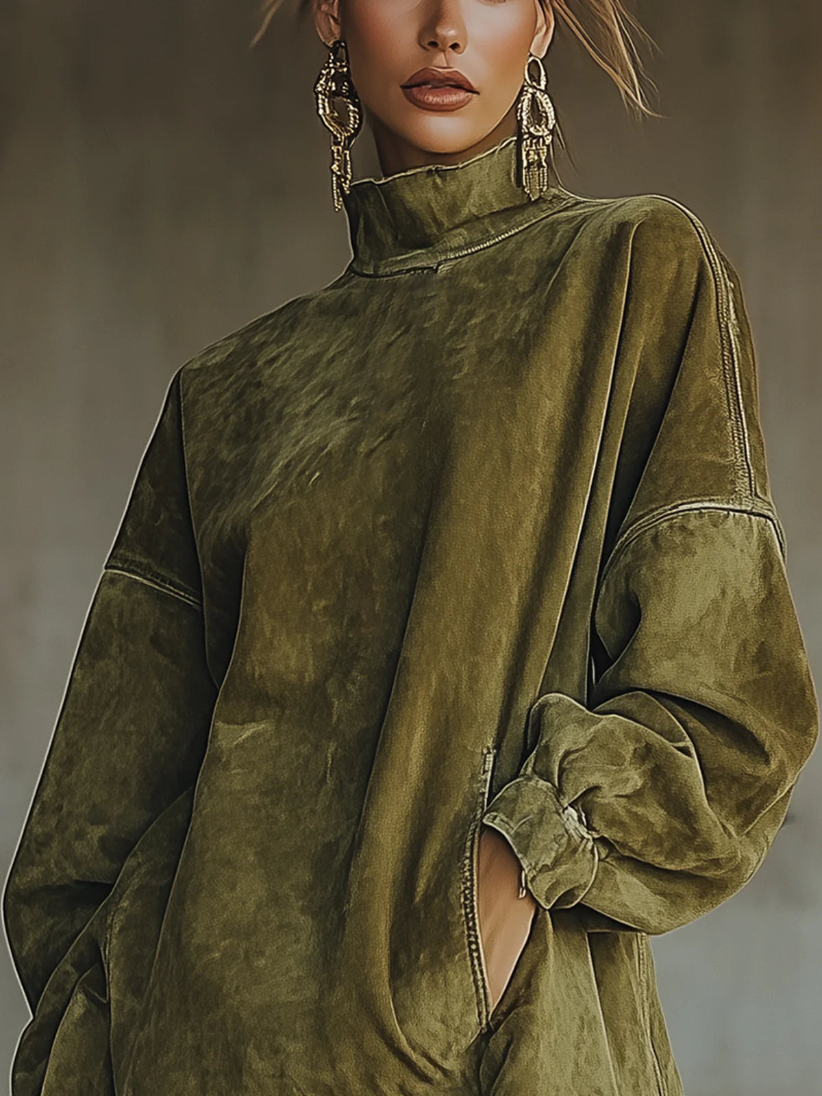 Fringed Suede-Effect Faux Leather High-Neck Dress