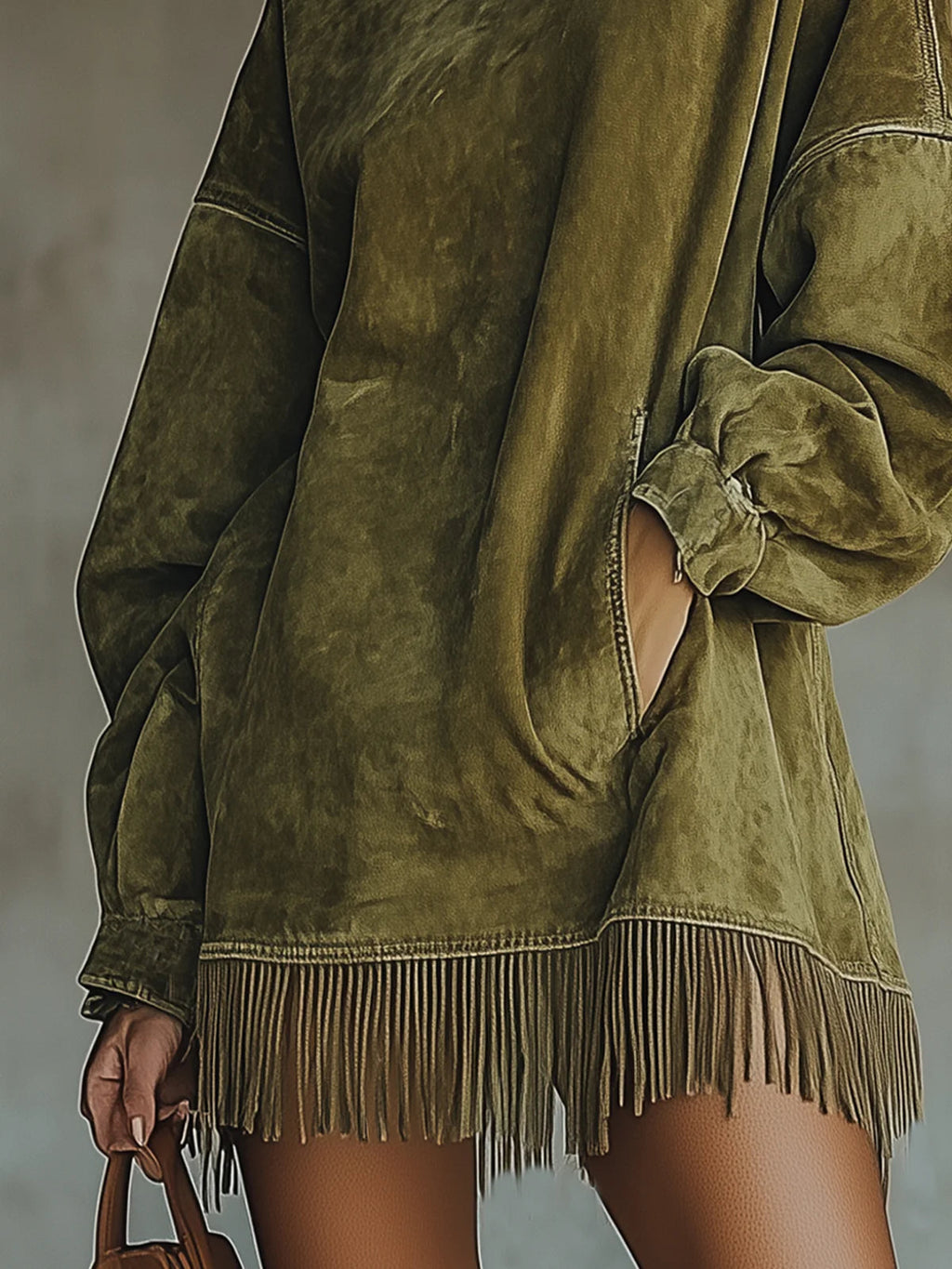 Fringed Suede-Effect Faux Leather High-Neck Dress