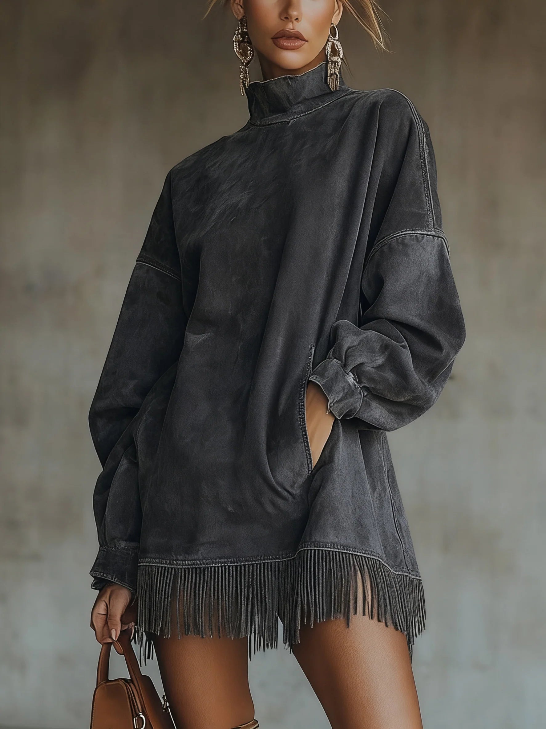 Fringed Suede-Effect Faux Leather High-Neck Dress