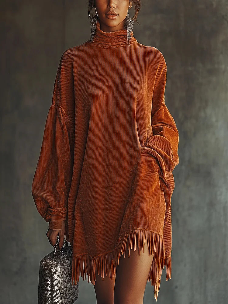 Loose orange corduroy dress with fringed hem and high neck