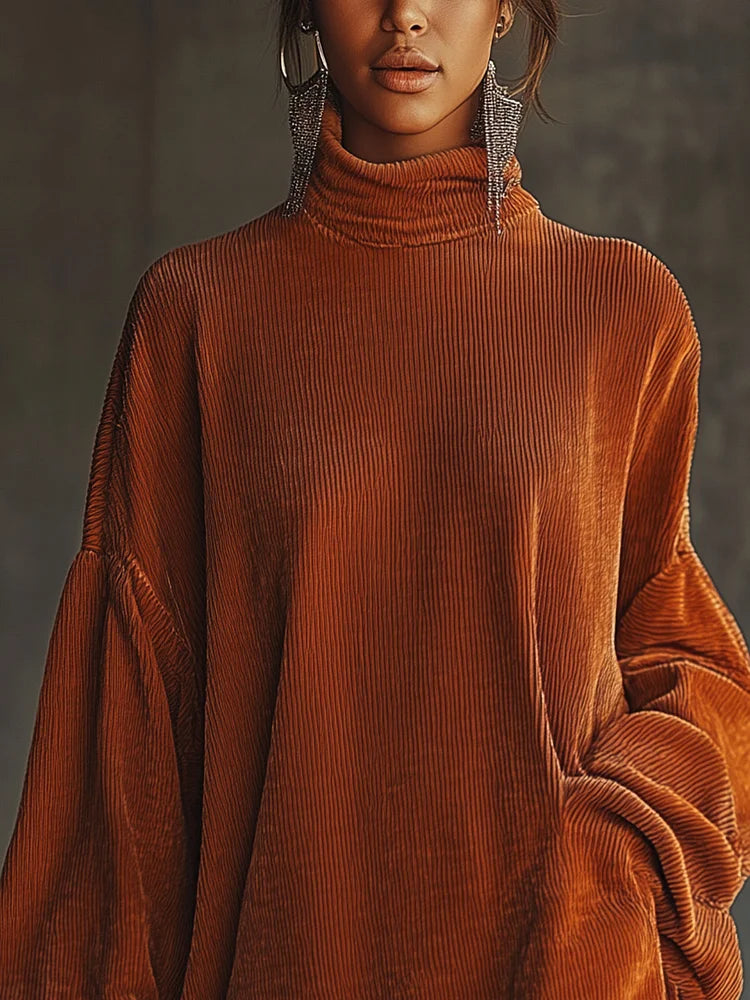 Loose orange corduroy dress with fringed hem and high neck