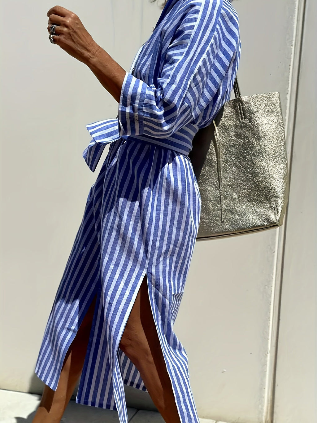 CHRISTINE | STRIPED PRINT DRESS WITH BUTTON CLOSURE AND BELT - Rossis Family Boutique Miami