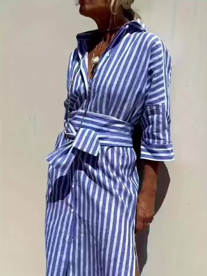 CHRISTINE | STRIPED PRINT DRESS WITH BUTTON CLOSURE AND BELT - Rossis Family Boutique Miami