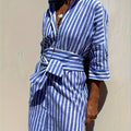 CHRISTINE | STRIPED PRINT DRESS WITH BUTTON CLOSURE AND BELT - Rossis Family Boutique Miami