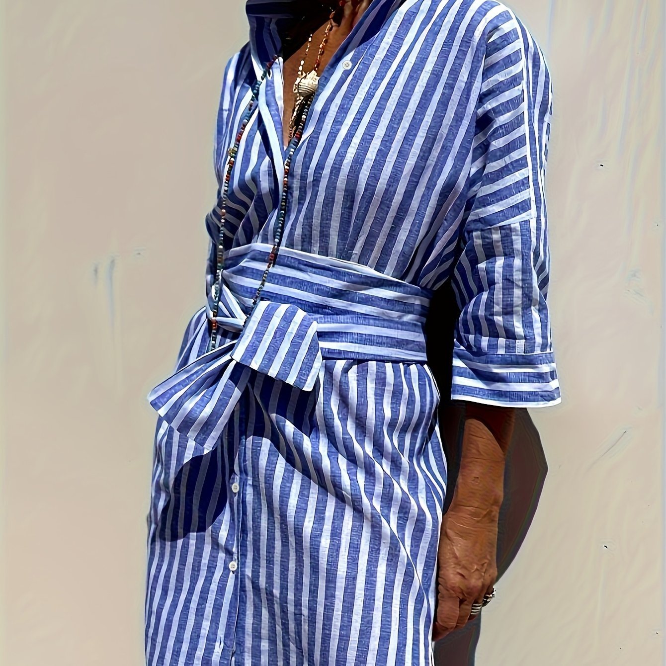 CHRISTINE | STRIPED PRINT DRESS WITH BUTTON CLOSURE AND BELT - Rossis Family Boutique Miami