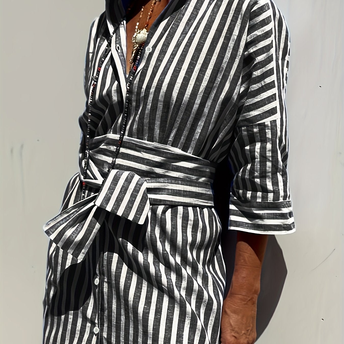 CHRISTINE | STRIPED PRINT DRESS WITH BUTTON CLOSURE AND BELT - Rossis Family Boutique Miami