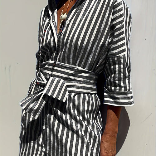 CHRISTINE | STRIPED PRINT DRESS WITH BUTTON CLOSURE AND BELT - Rossis Family Boutique Miami