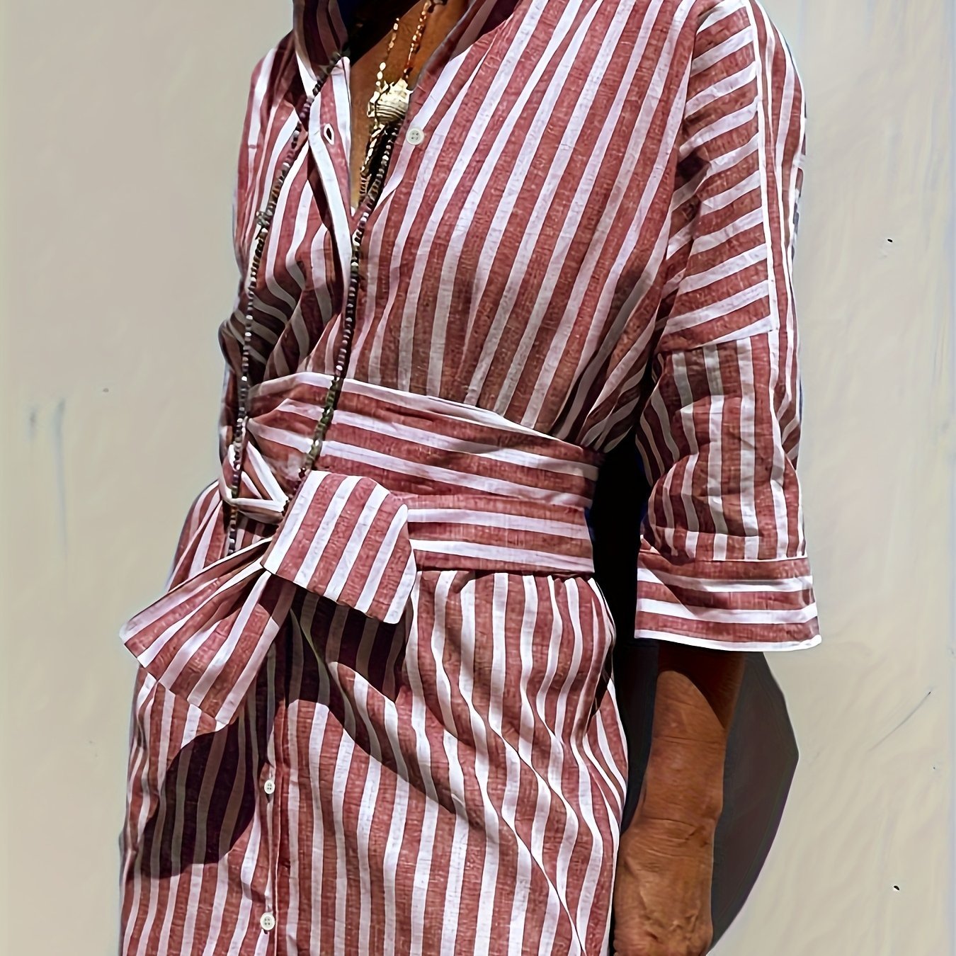 CHRISTINE | STRIPED PRINT DRESS WITH BUTTON CLOSURE AND BELT - Rossis Family Boutique Miami