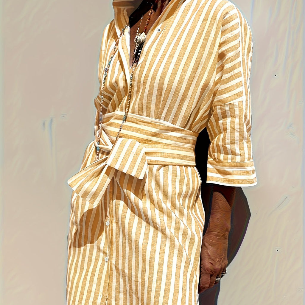 CHRISTINE | STRIPED PRINT DRESS WITH BUTTON CLOSURE AND BELT - Rossis Family Boutique Miami