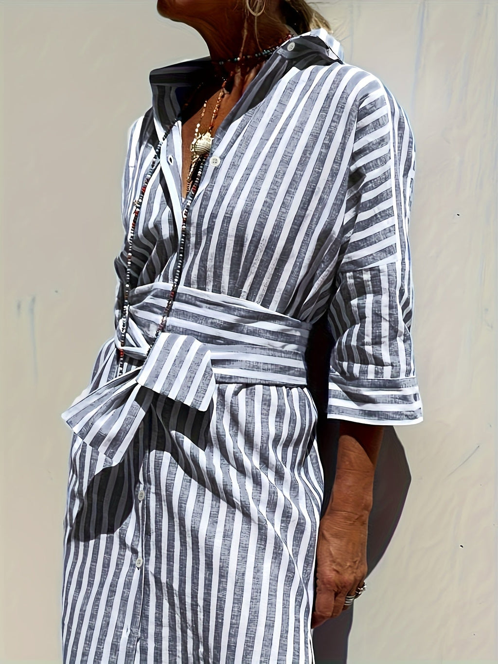 CHRISTINE | STRIPED PRINT DRESS WITH BUTTON CLOSURE AND BELT - Rossis Family Boutique Miami