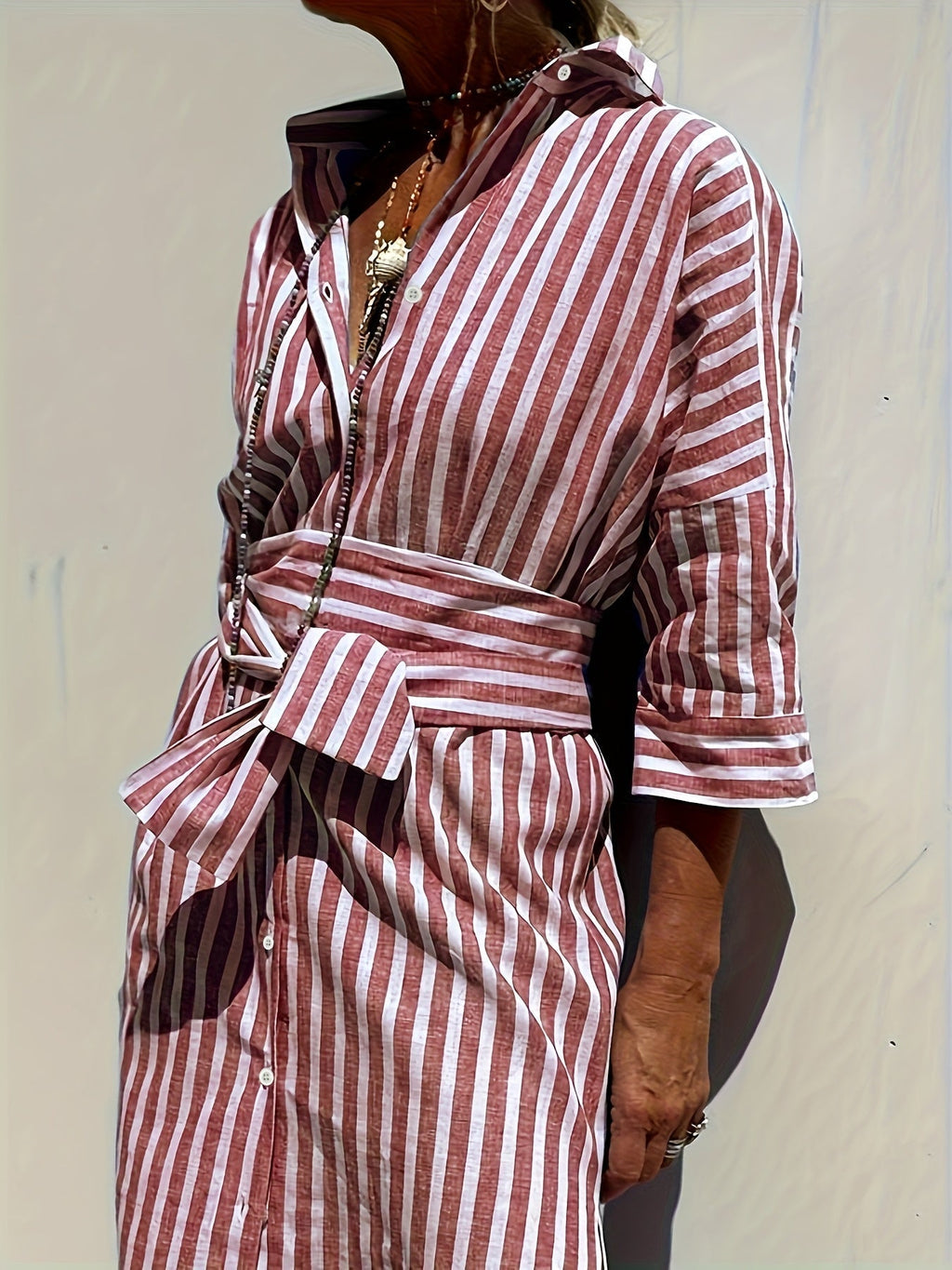 CHRISTINE | STRIPED PRINT DRESS WITH BUTTON CLOSURE AND BELT - Rossis Family Boutique Miami