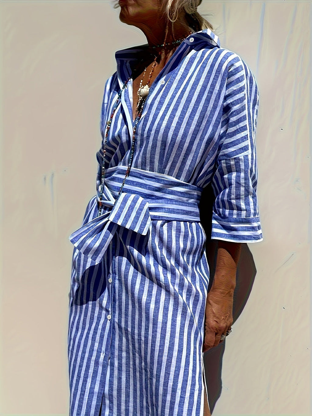 CHRISTINE | STRIPED PRINT DRESS WITH BUTTON CLOSURE AND BELT - Rossis Family Boutique Miami