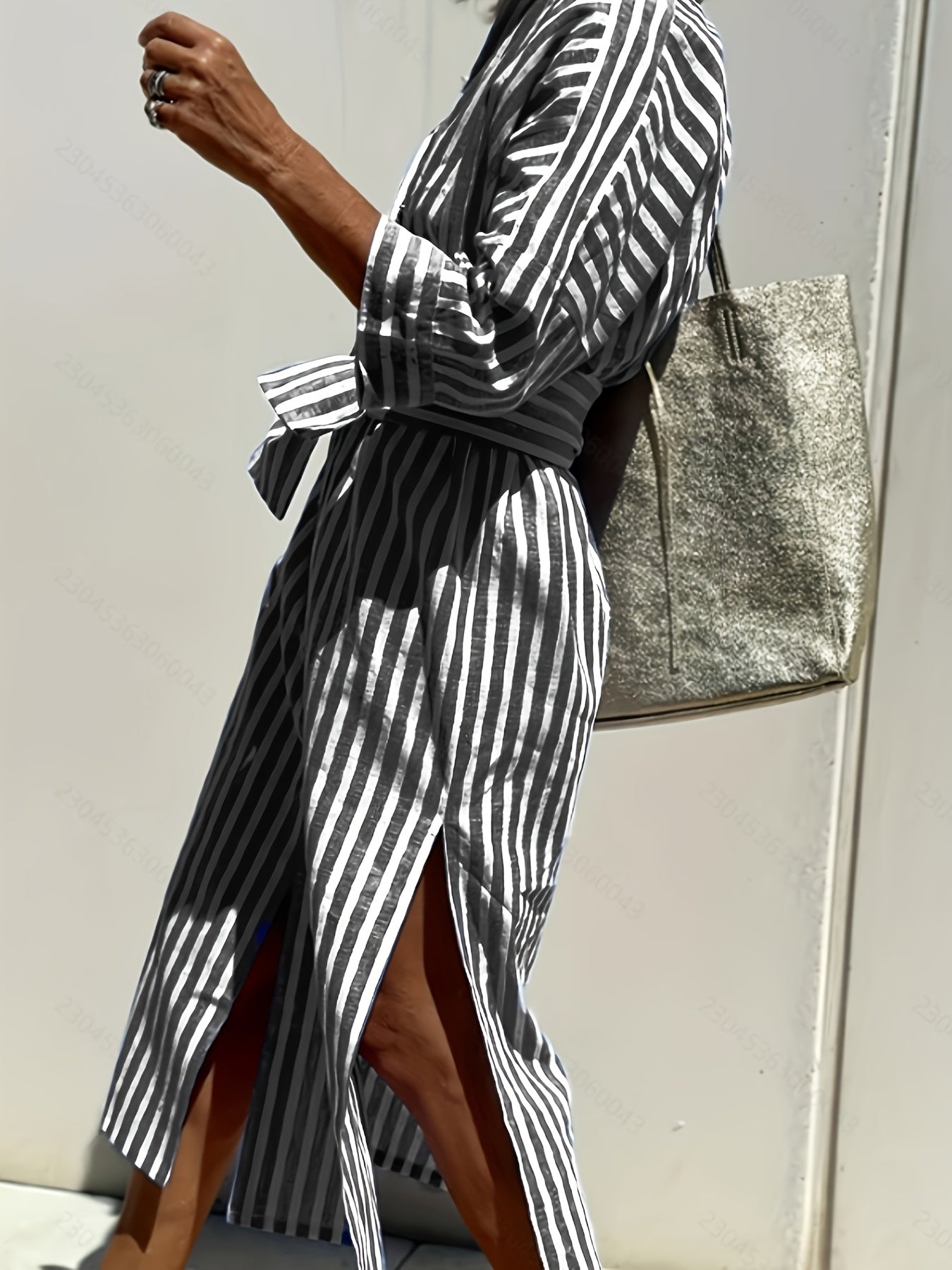 CHRISTINE | STRIPED PRINT DRESS WITH BUTTON CLOSURE AND BELT - Rossis Family Boutique Miami