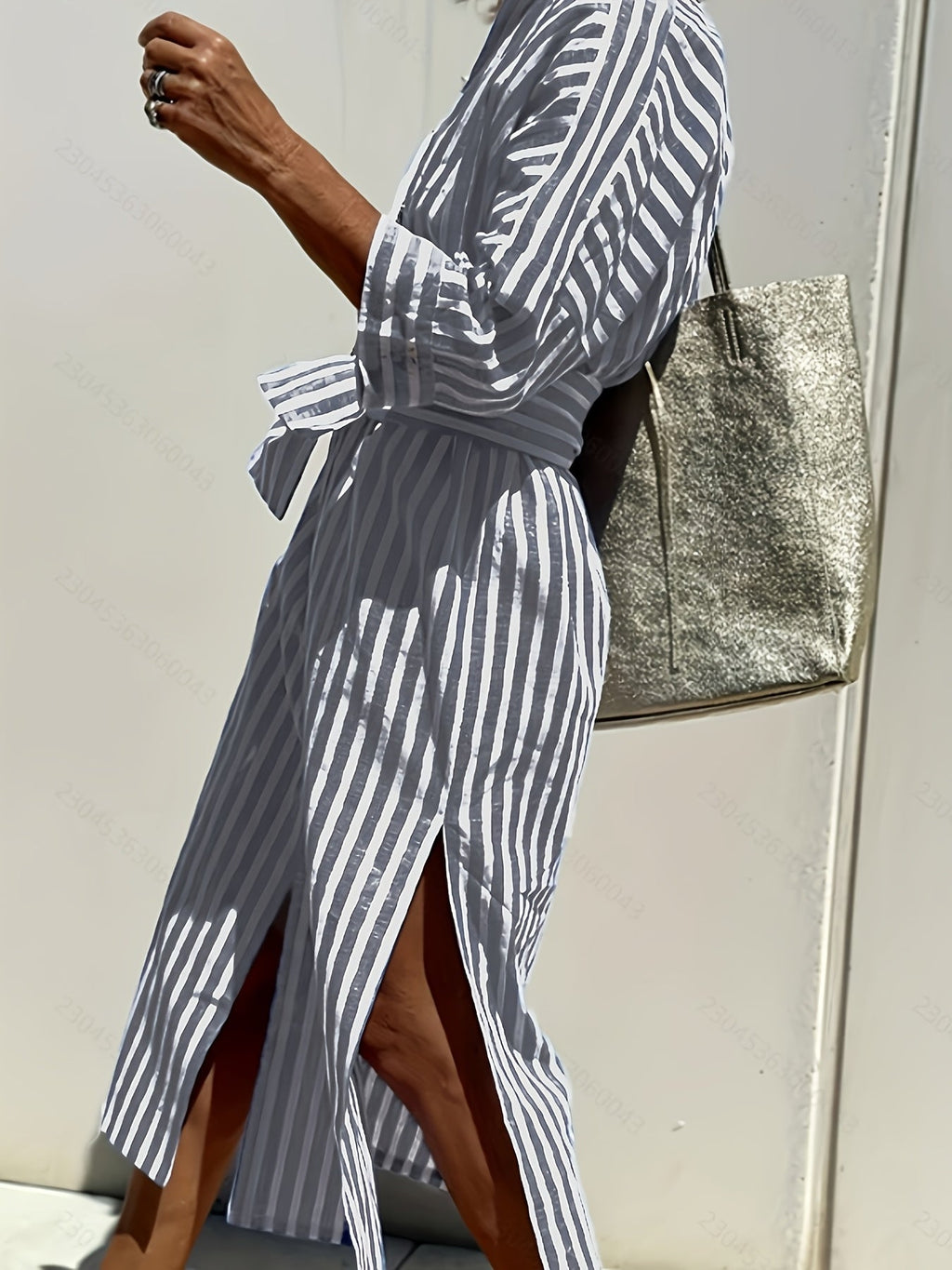CHRISTINE | STRIPED PRINT DRESS WITH BUTTON CLOSURE AND BELT - Rossis Family Boutique Miami