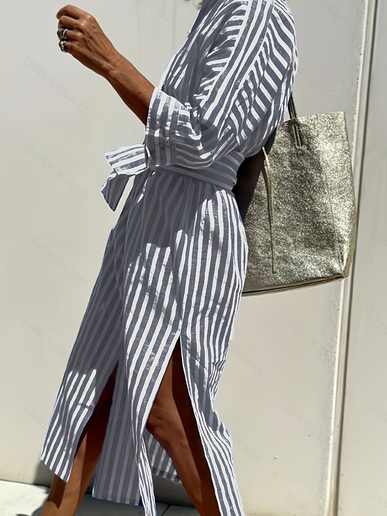 CHRISTINE | STRIPED PRINT DRESS WITH BUTTON CLOSURE AND BELT - Rossis Family Boutique Miami