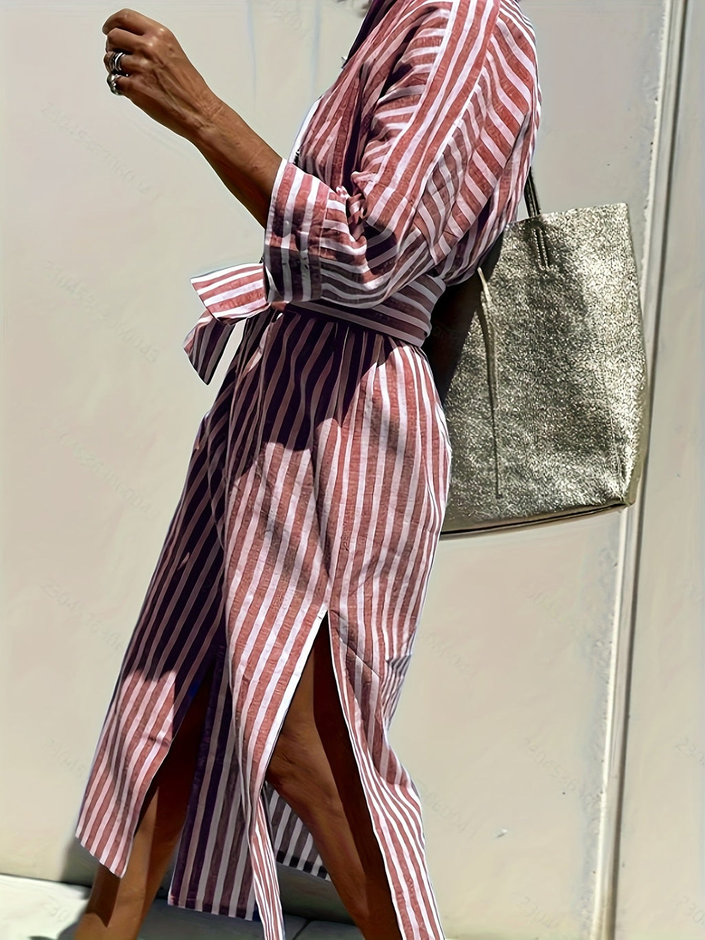 CHRISTINE | STRIPED PRINT DRESS WITH BUTTON CLOSURE AND BELT - Rossis Family Boutique Miami