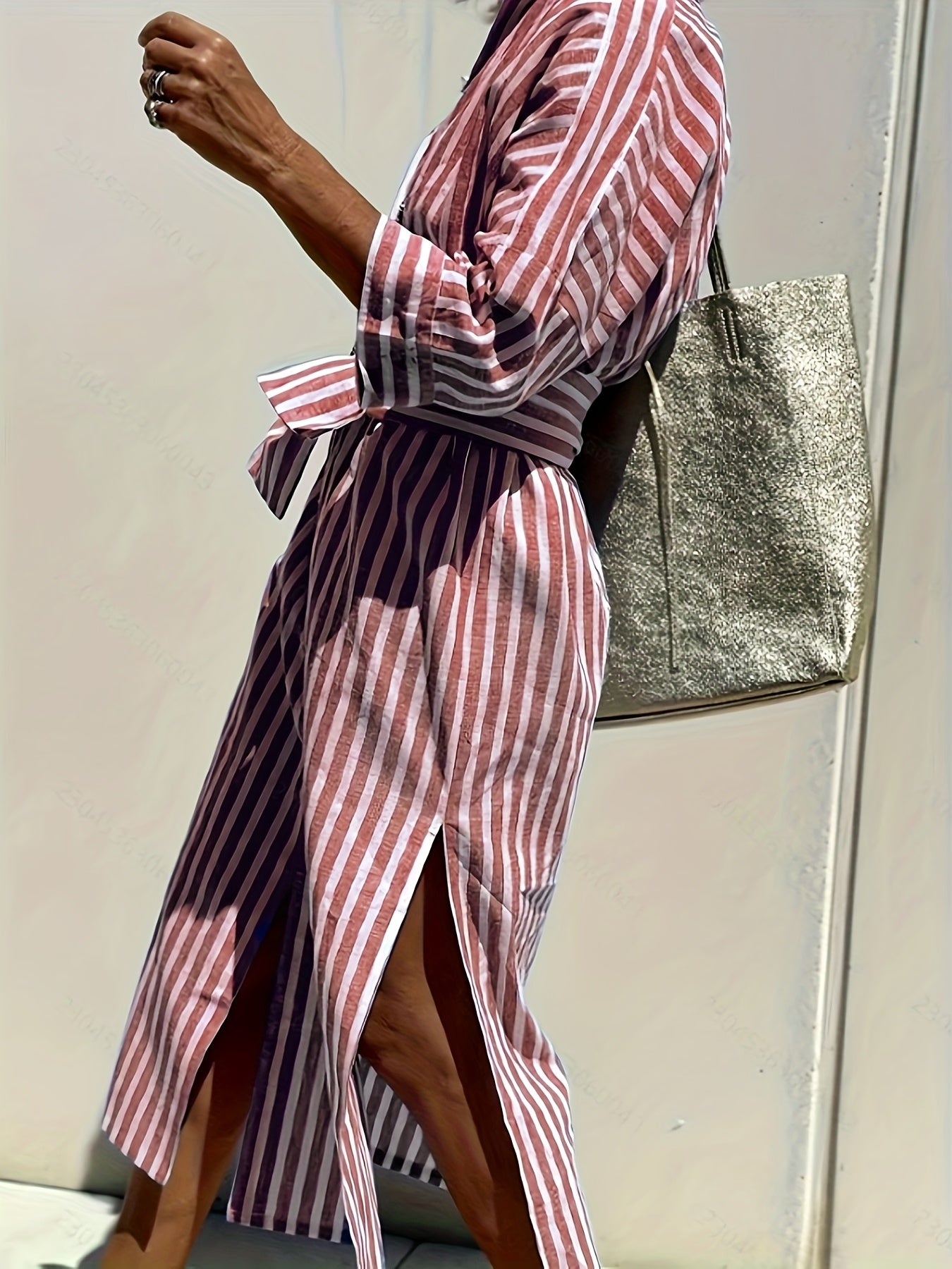 CHRISTINE | STRIPED PRINT DRESS WITH BUTTON CLOSURE AND BELT - Rossis Family Boutique Miami