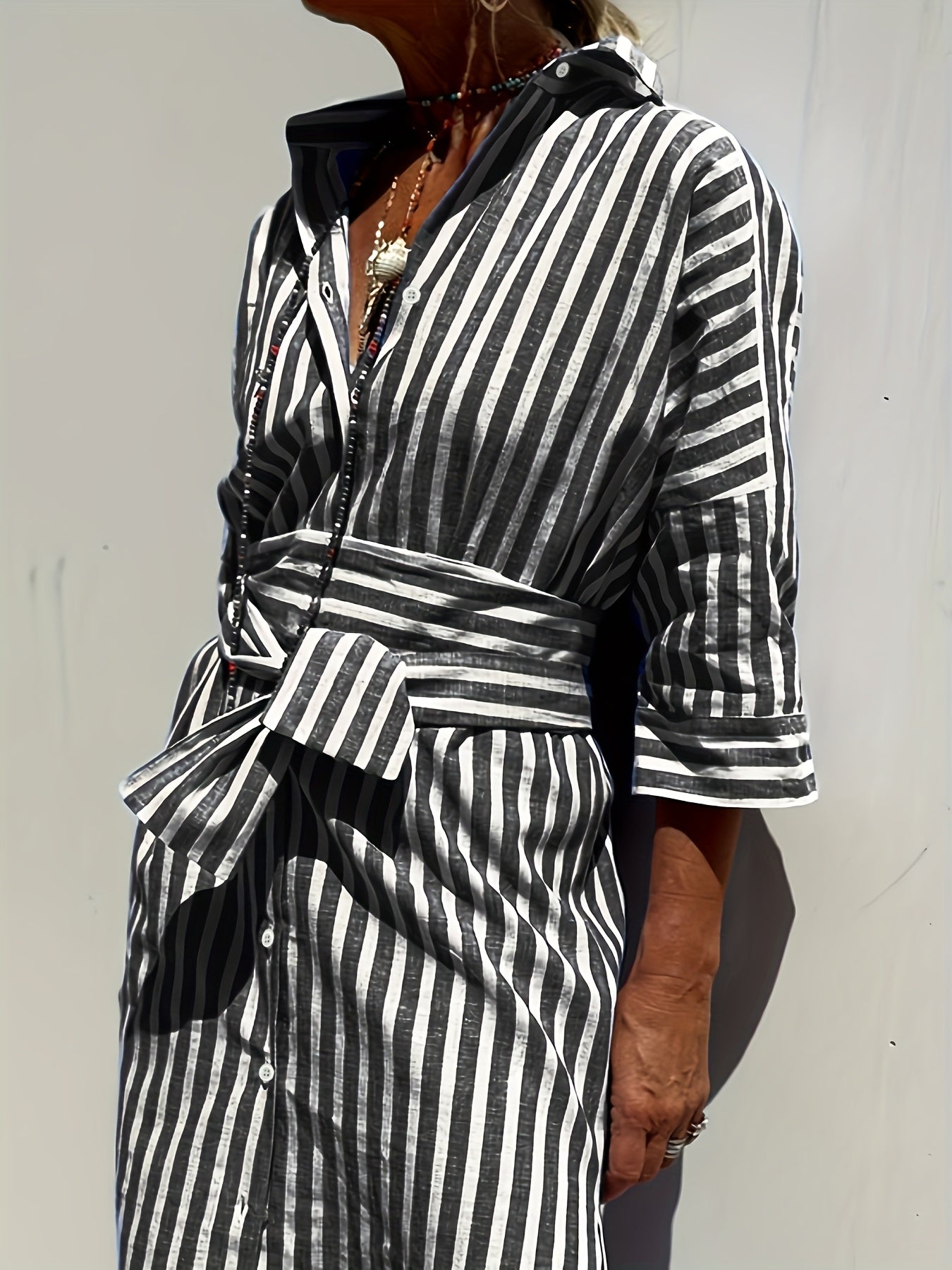 CHRISTINE | STRIPED PRINT DRESS WITH BUTTON CLOSURE AND BELT - Rossis Family Boutique Miami