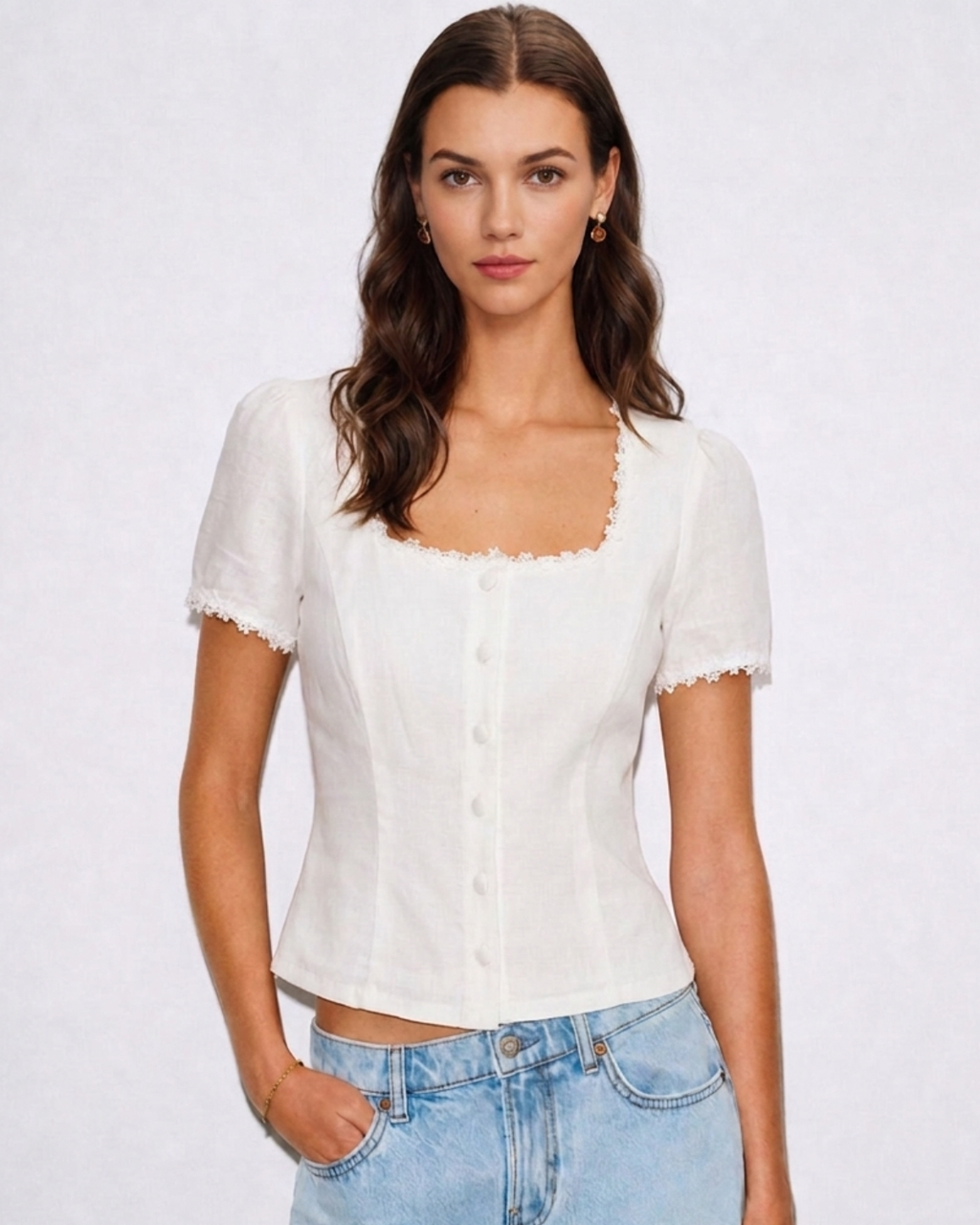 White Lace Blouse with Square Neck and Button Detail