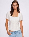 White Lace Blouse with Square Neck and Button Detail