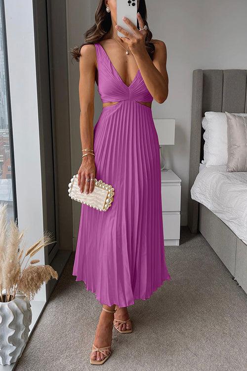 V-Neck Cut-Out Waist Sleeveless Pleated Maxi Dress