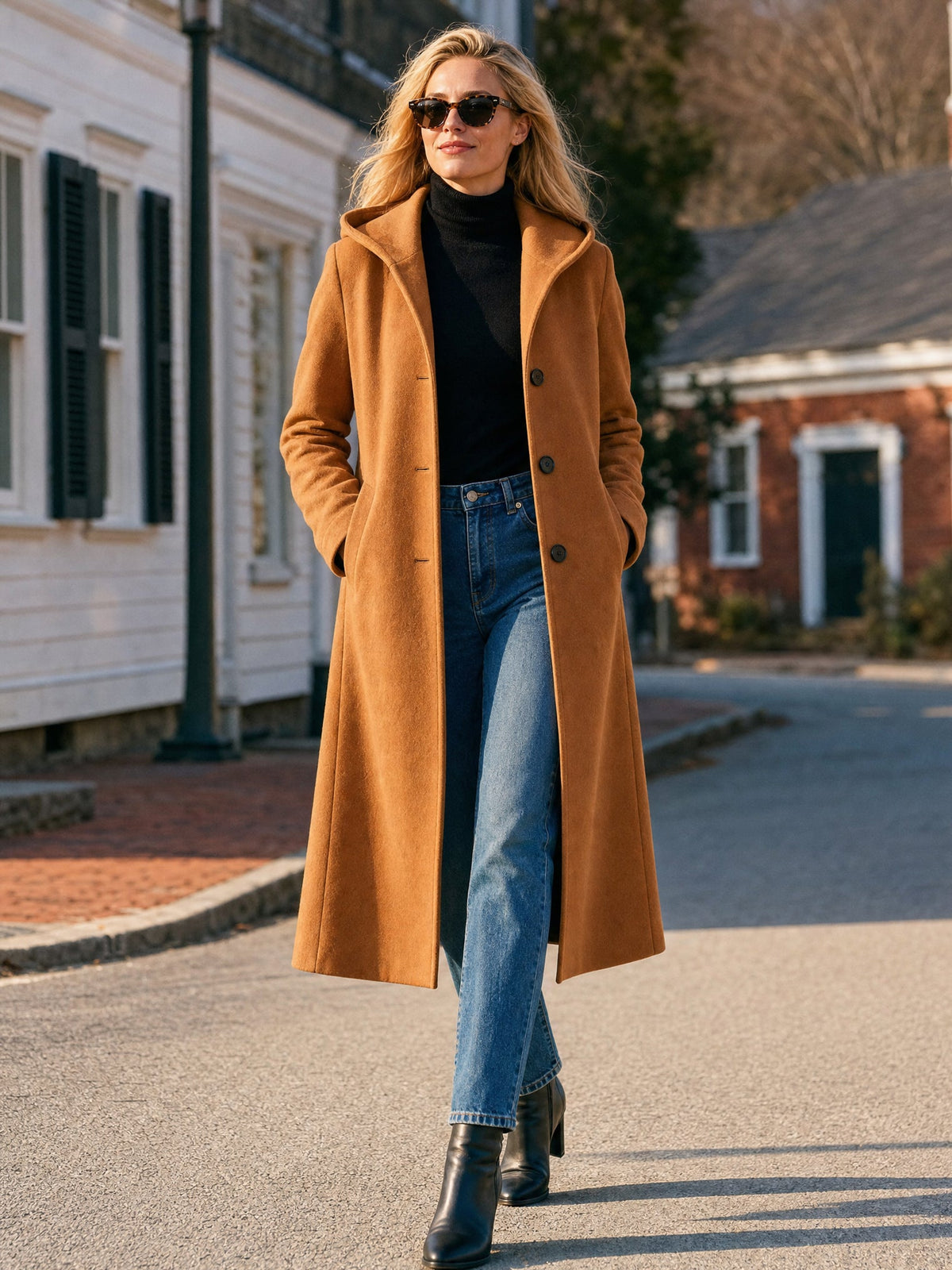Camel Hooded Wool‑Blend Long Coat Outerwear