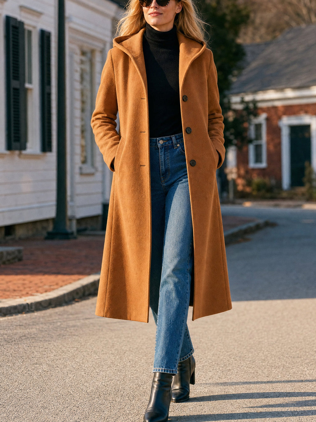 Camel Hooded Wool‑Blend Long Coat Outerwear