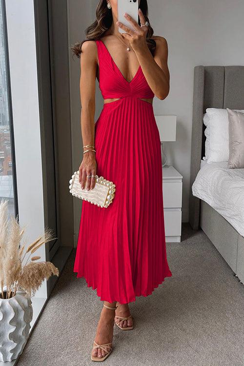 V-Neck Cut-Out Waist Sleeveless Pleated Maxi Dress