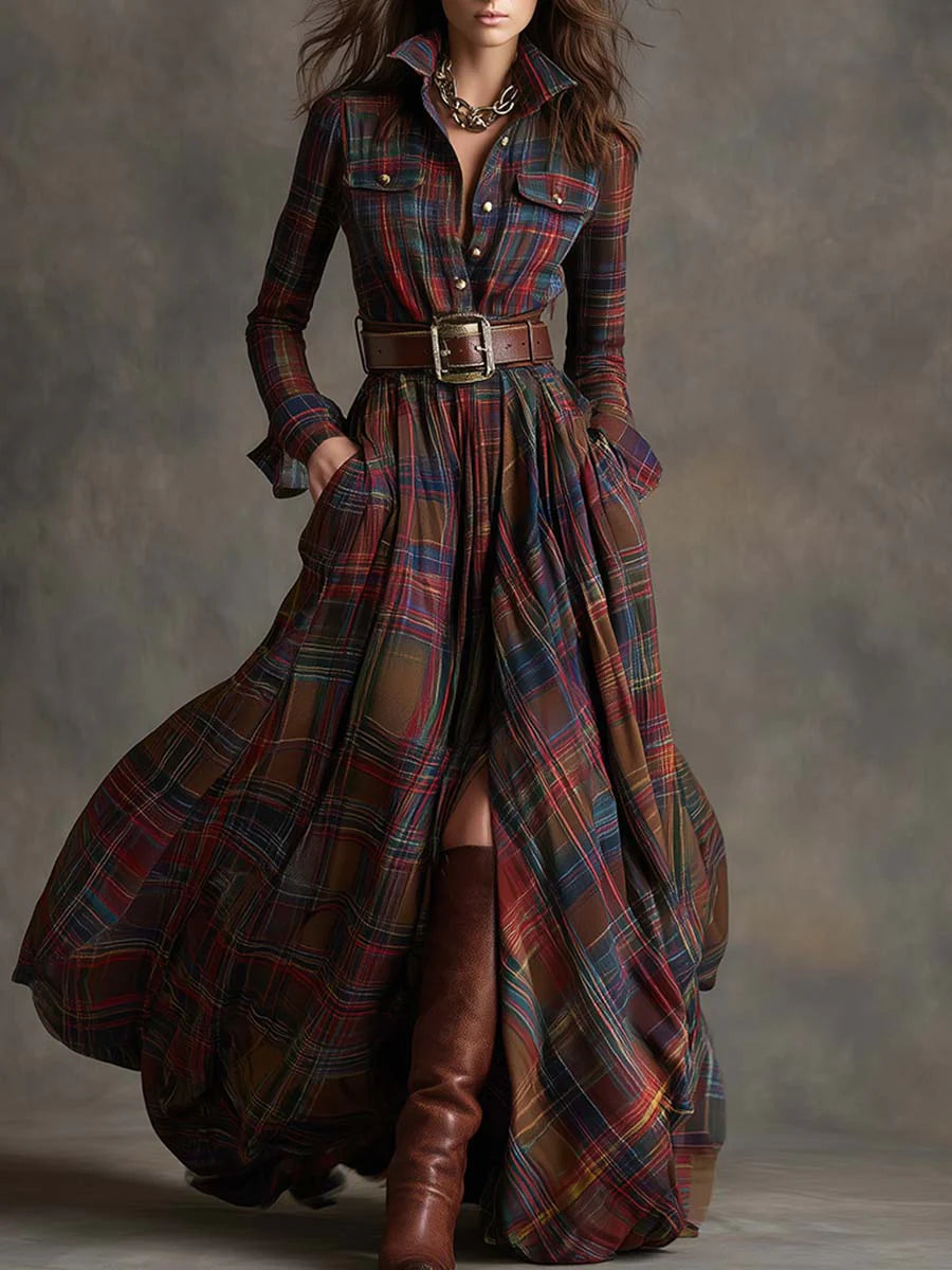 Vintage maxi dress with reddish-brown plaid lapels