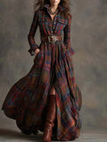 Vintage maxi dress with reddish-brown plaid lapels