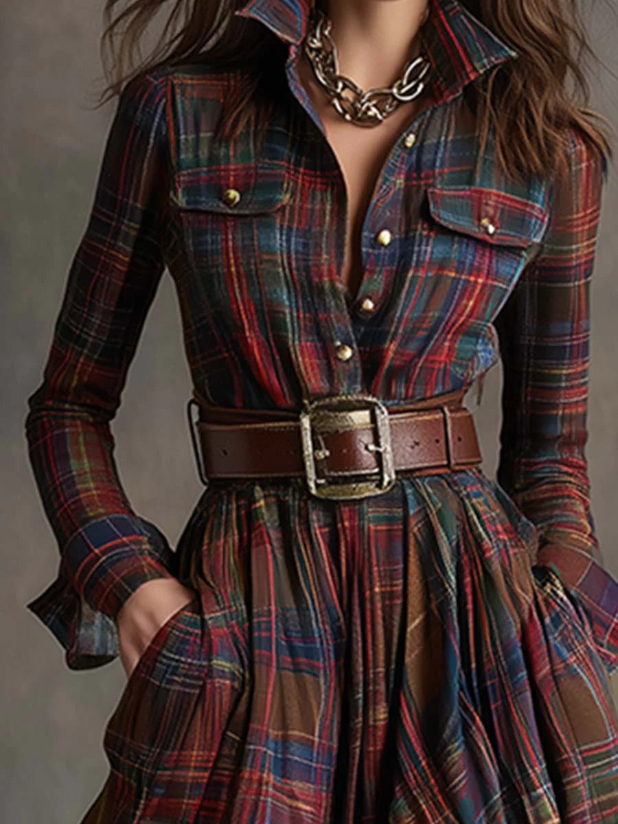 Vintage maxi dress with reddish-brown plaid lapels