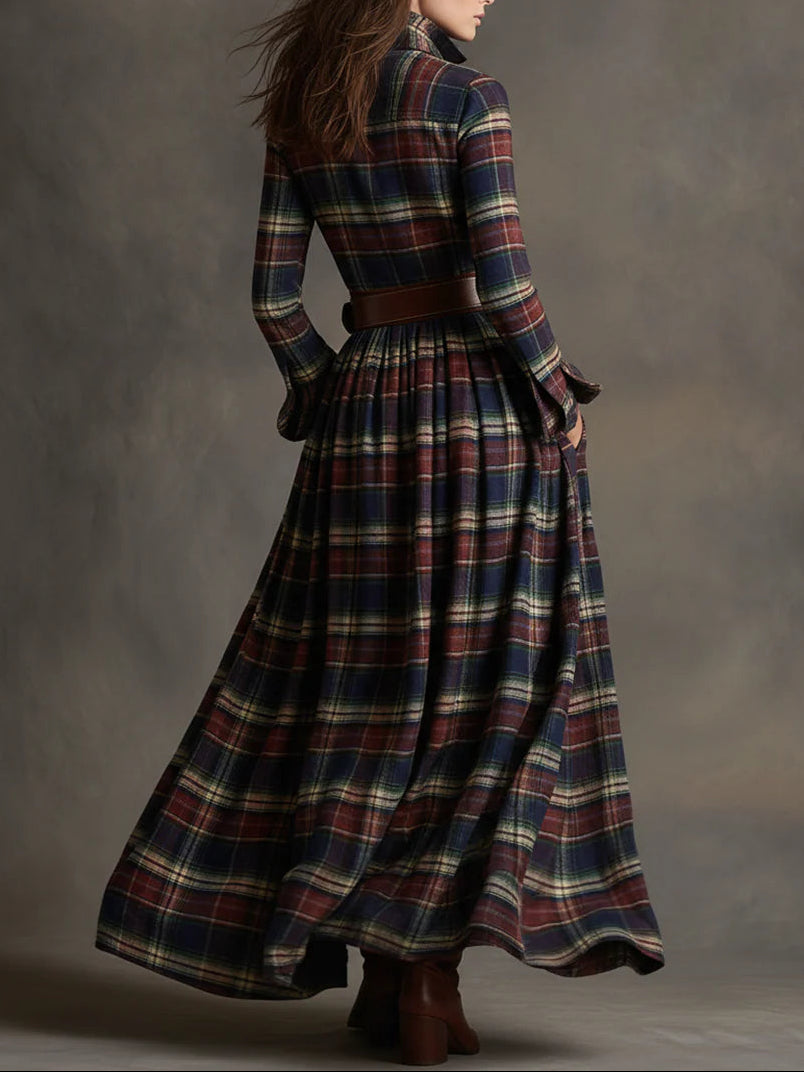 Retro Plaid Lapel Long-Sleeved Maxi Dress (Belt Included)
