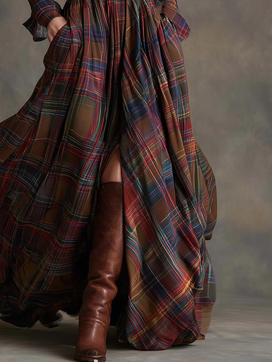 Vintage maxi dress with reddish-brown plaid lapels