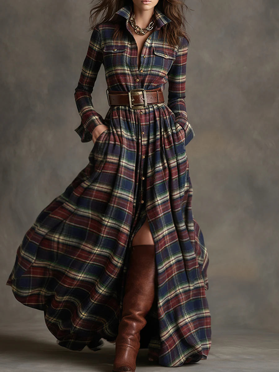 Retro Plaid Lapel Long-Sleeved Maxi Dress (Belt Included)