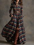 Retro Plaid Lapel Long-Sleeved Maxi Dress (Belt Included)