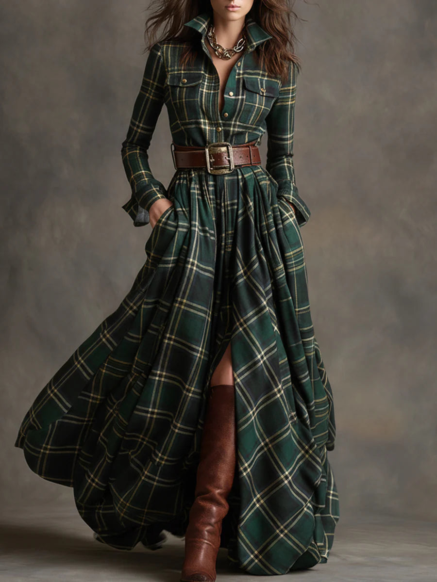 Vintage maxi dress with reddish-brown plaid lapels