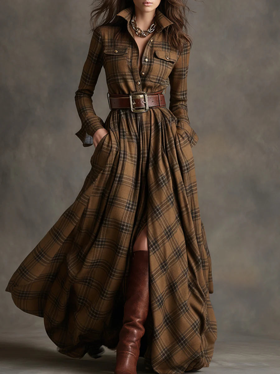 Vintage maxi dress with reddish-brown plaid lapels