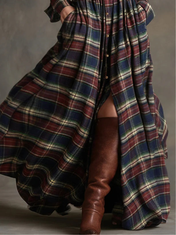 Retro Plaid Lapel Long-Sleeved Maxi Dress (Belt Included)