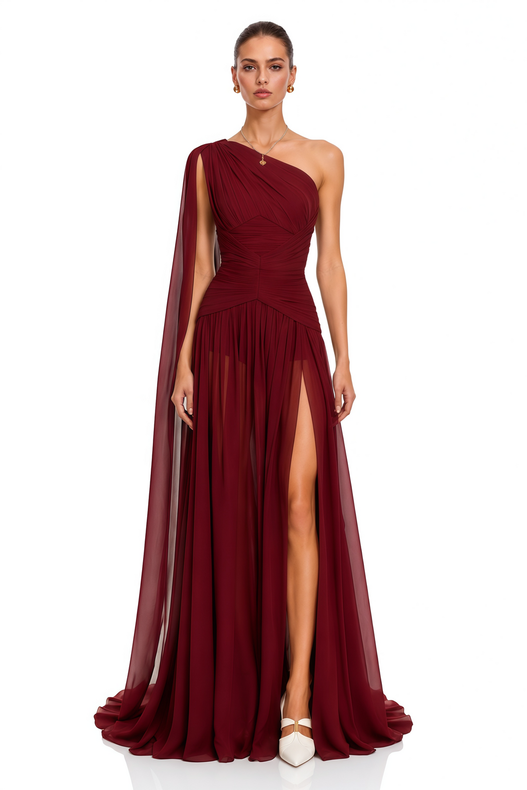 Rowena Burgundy One Shoulder Ruched Maxi Dress