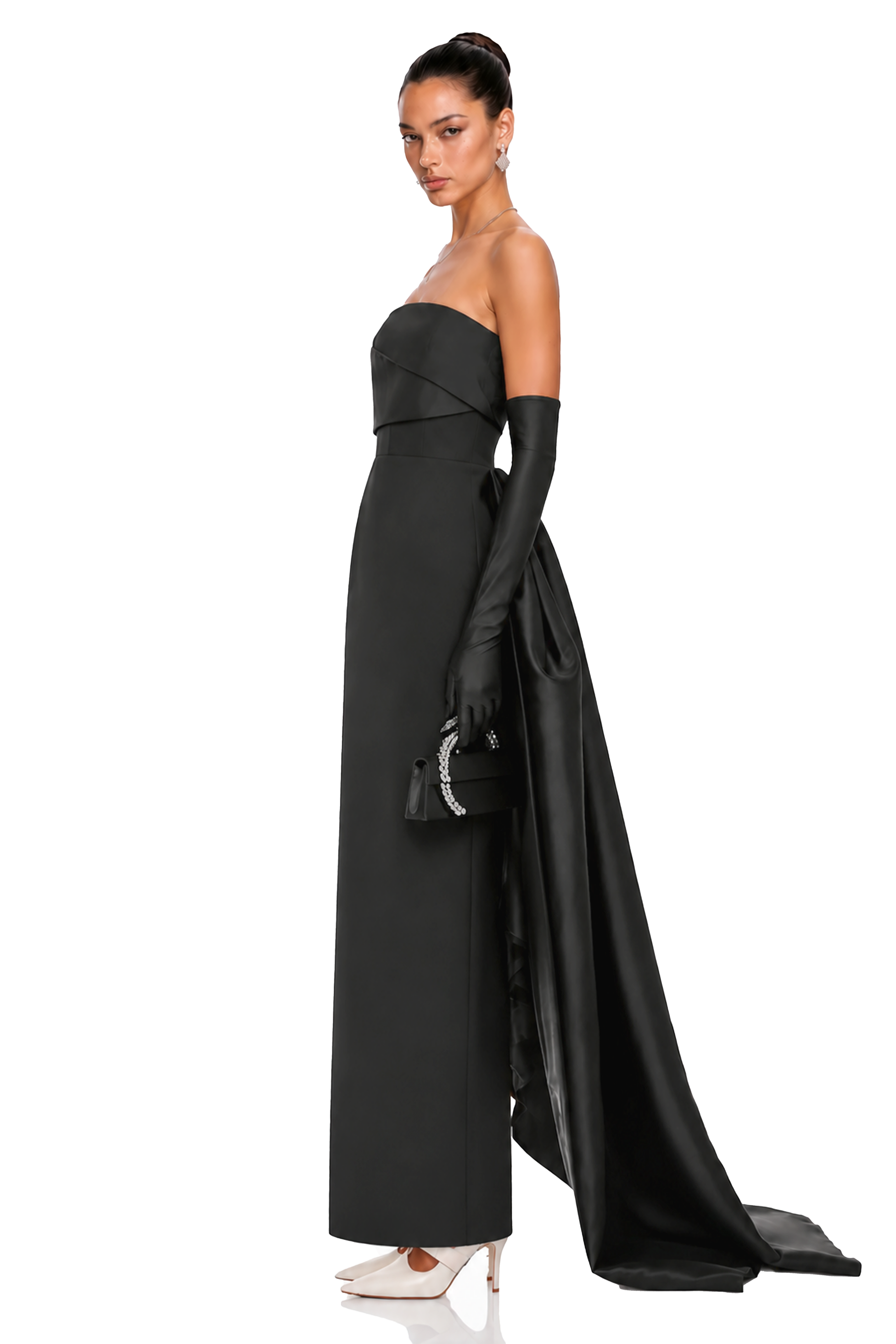 Roxanne Black Strapless Draped Satin Maxi Dress