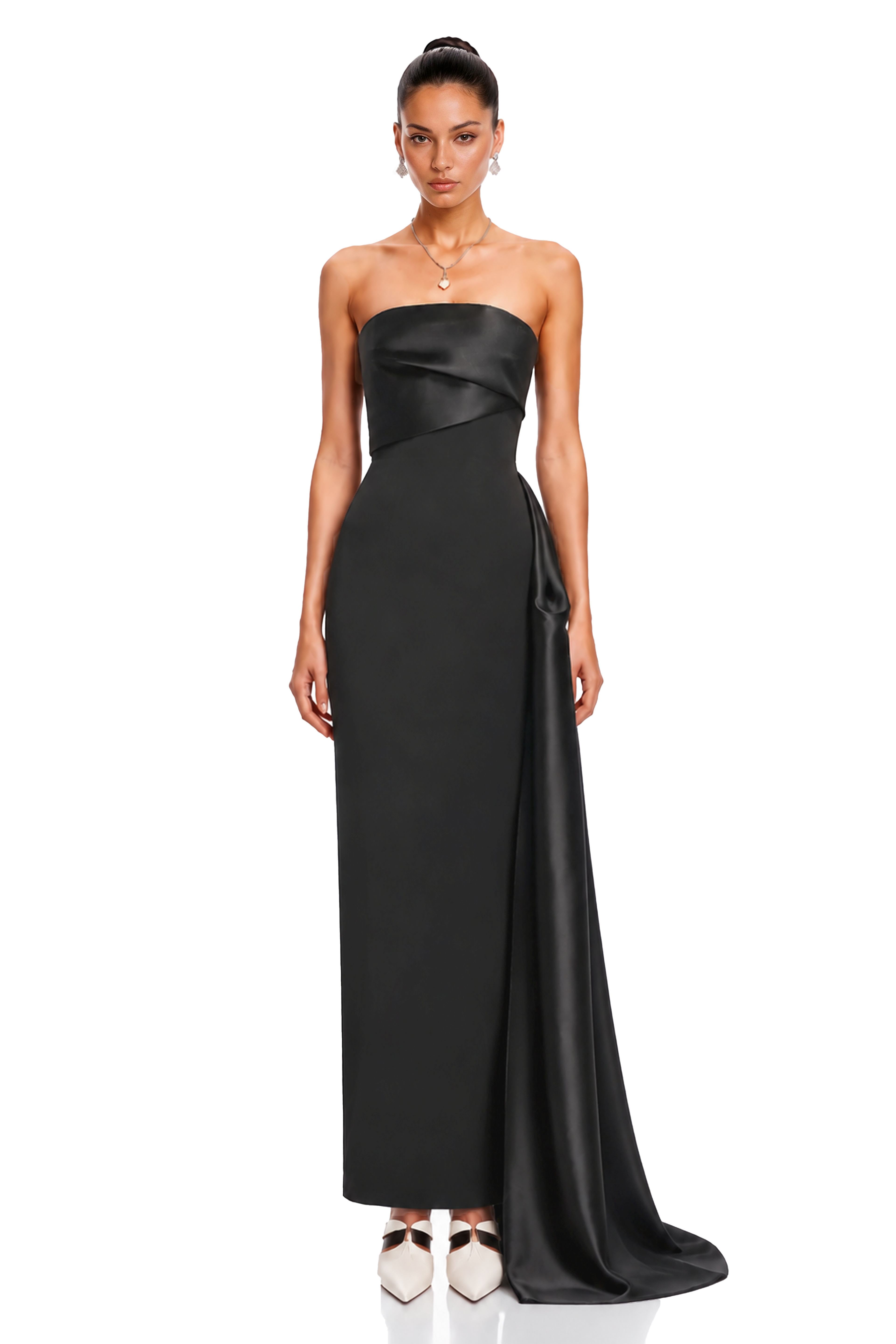 Roxanne Black Strapless Draped Satin Maxi Dress