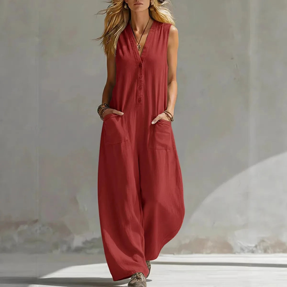 Liora | Salopette senza maniche in lino e cotone casual
