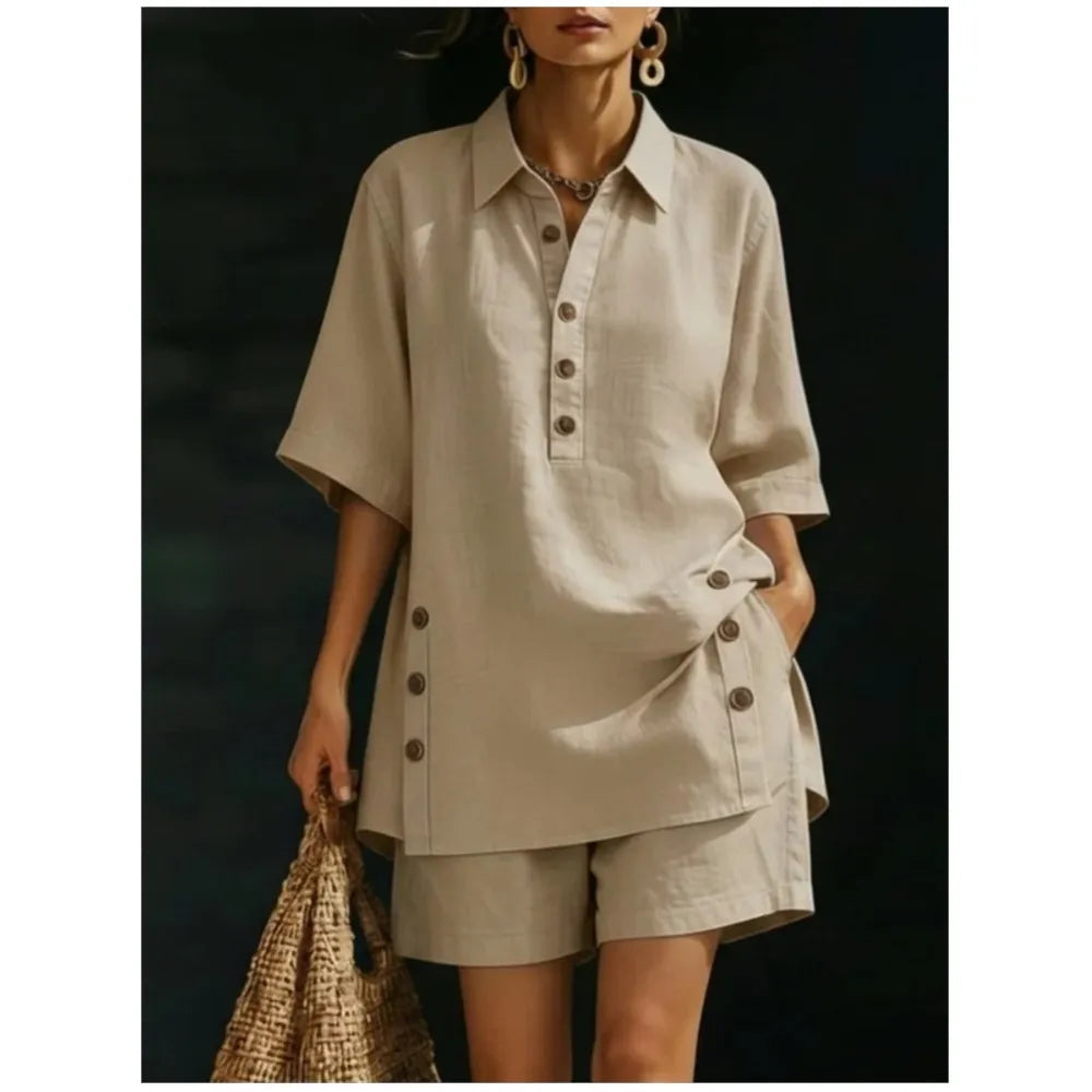 Solena | Camicia corta a maniche corte con collo a revers e pantaloni con tasche a fessura