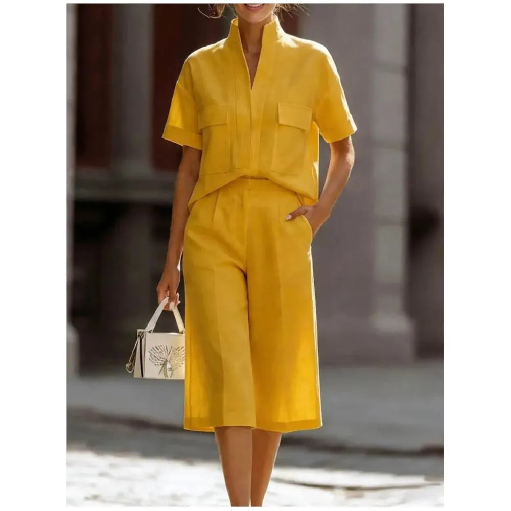 Luisa | Camicia a maniche corte con colletto e pantaloni corti casual
