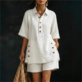 Solena | Camicia corta a maniche corte con collo a revers e pantaloni con tasche a fessura