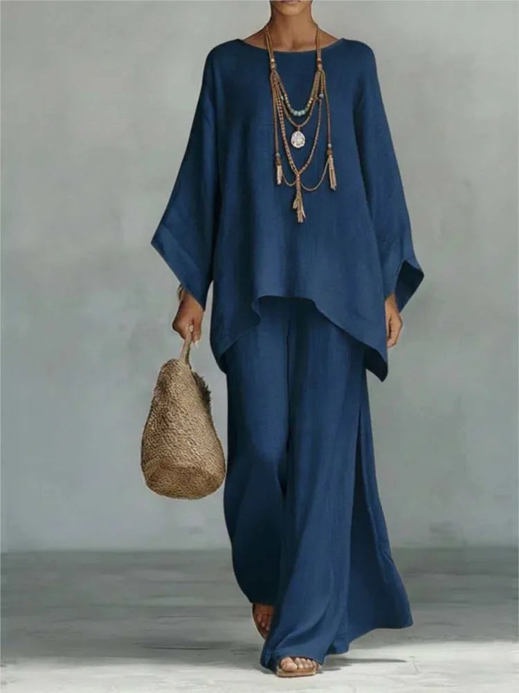 Lovina | Set di pantaloni larghi a gamba lunga in lino con maniche lunghe