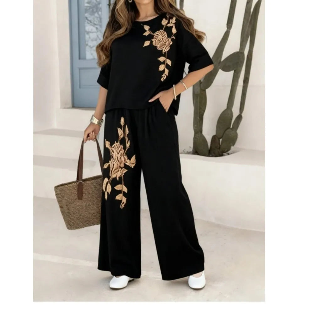 Felena | Set di Pantaloni Eleganti a Gamba Larga Ricamati Retro