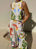 Unique Print Tank Top and Elastic Waist Trousers with Pockets Set