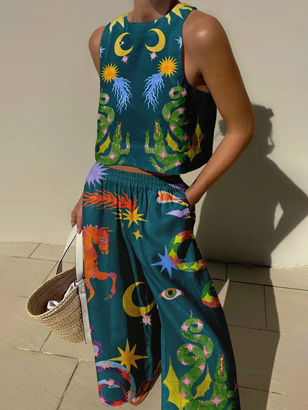 Unique Print Tank Top and Elastic Waist Trousers with Pockets Set