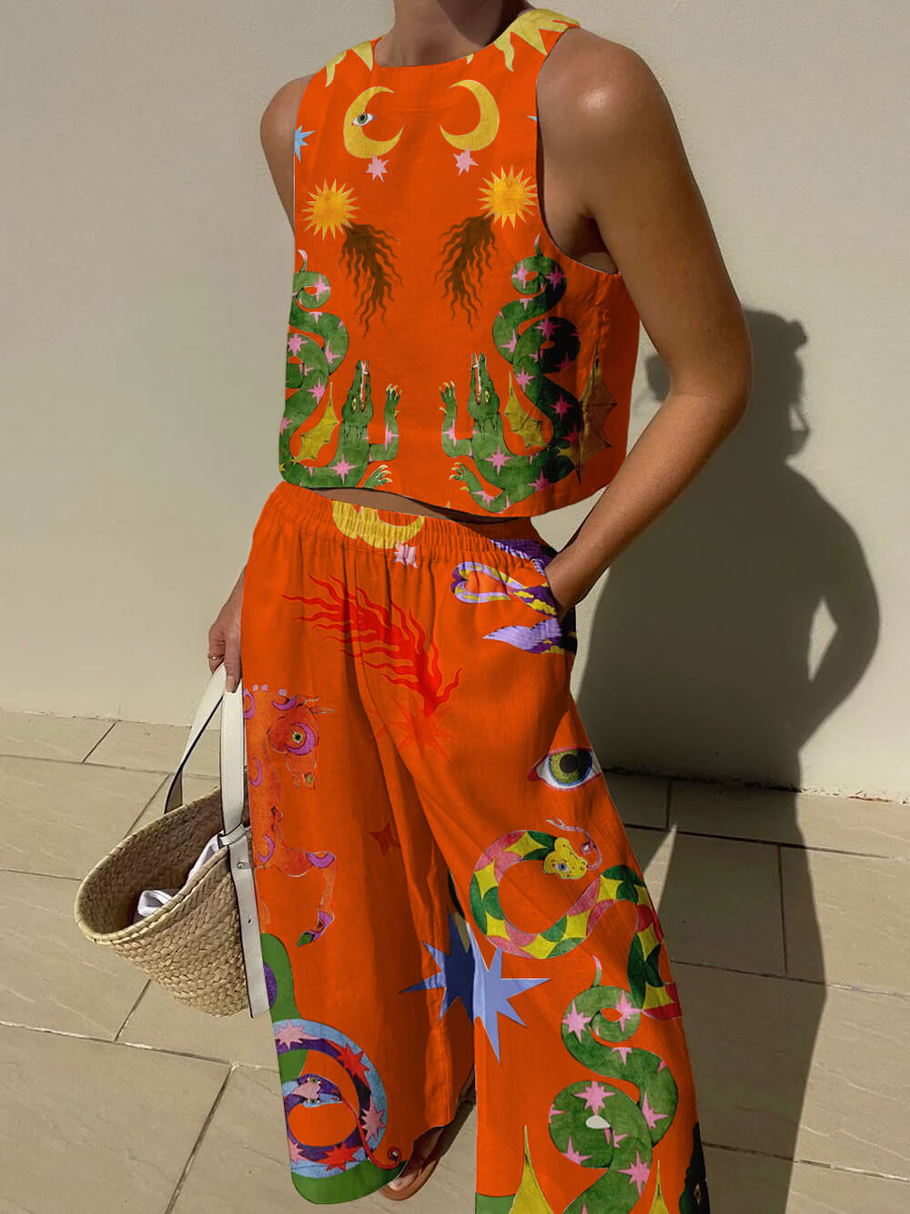 Unique Print Tank Top and Elastic Waist Trousers with Pockets Set